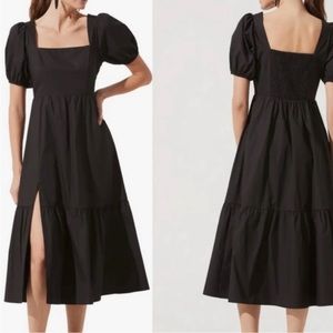 ASTR The Label Black Puff Sleeve Tiered Poplin Midi Dress Size S